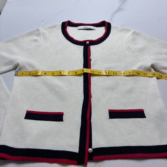 Zara Off White Knit Pearl Button Cardigan Red Navy Blue Trim - Picture 5 of 6